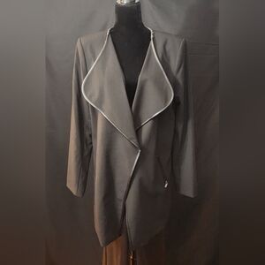 Calvin Klein Black Waterfall Coat with Leather Trim Size 16